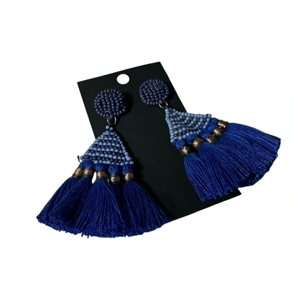 Royal Blue Boho Beaded Fan Earrings